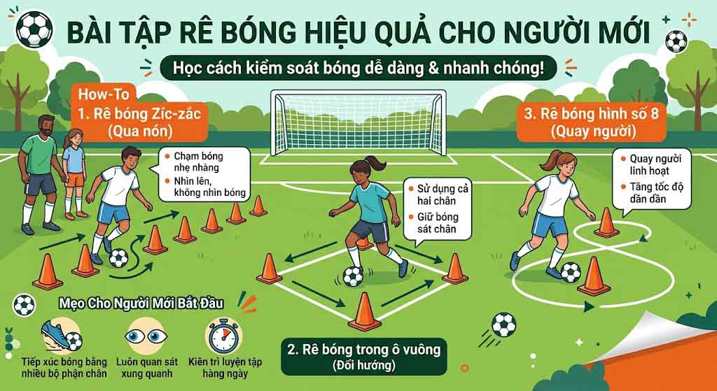 Cách Rê Bóng Cho Người Mới: Kỹ Thuật, Bài Tập & Lỗi Cần Tránh 3 Bài tập rê bóng hiệu quả cho người mới