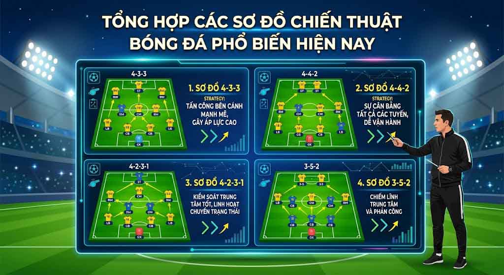 Các sơ đồ chiến thuật bóng đá phổ biến hiện nay