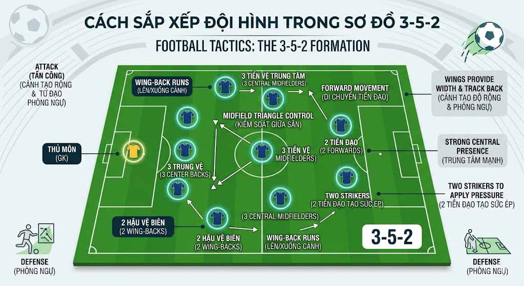 Sơ đồ 3-5-2 là gì? Cách vận hành, ưu điểm và nhược điểm 2 Cách sắp xếp đội hình trong sơ đồ 3-5-2