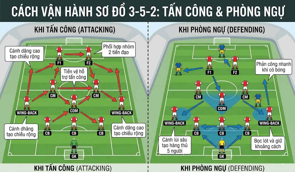 Sơ đồ 3-5-2 là gì? Cách vận hành, ưu điểm và nhược điểm 3 Cách vận hành sơ đồ 3-5-2 khi tấn công và phòng ngự