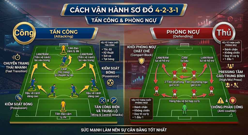 Cách vận hành sơ đồ 4-2-3-1 khi tấn công và phòng ngự