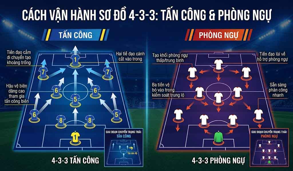 Cách vận hành sơ đồ 4-3-3 khi tấn công và phòng ngự