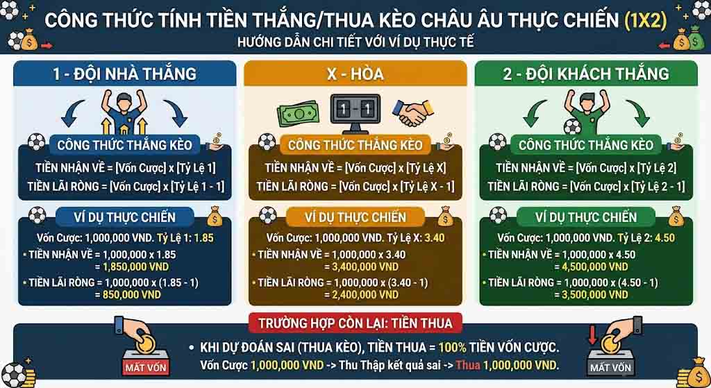 Tỷ Lệ Kèo Nhà Cái Châu Âu (1X2) Là Gì? Cách Đọc & Bí Kíp Soi Kèo Chuẩn 3 Công Thức Tính Tiền Thắng/Thua Kèo Châu Âu Thực Chiến