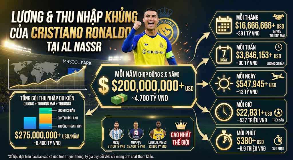 Ronaldo kiếm bao nhiêu tiền mỗi năm, mỗi tháng, mỗi ngày?