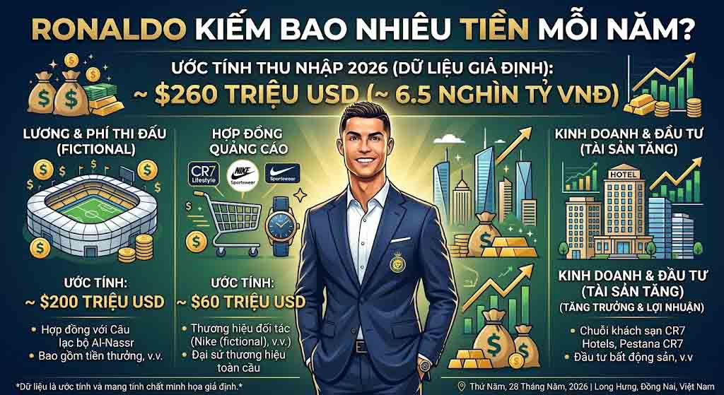 Ronaldo kiếm bao nhiêu tiền mỗi năm?