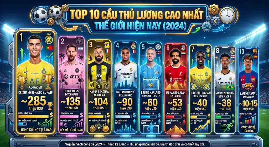 Top 10 Cầu Thủ Lương Cao Nhất Thế Giới - Ronaldo Dẫn Đầu 2 Top 10 cầu thủ lương cao nhất thế giới hiện nay